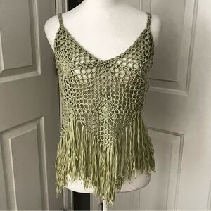 Y2K 34”‎ Bust Green Granny Crochet Fringe Strappy Crop Top Boho Festival Hippie